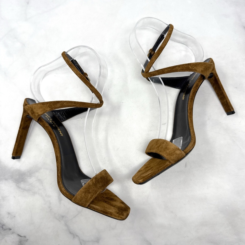 Saint Laurent Bea Bow Suede Square Toe Ankle Wrap Strap Sandal Heels Brown 37 - Picture 5 of 14